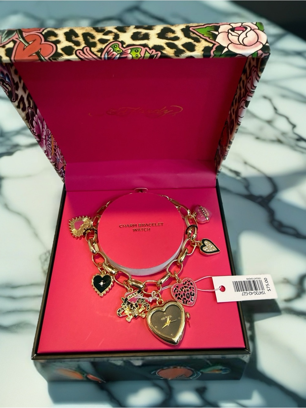 Ed Hardy Gold Charm Bracelet Watch with Pink and Black Accents